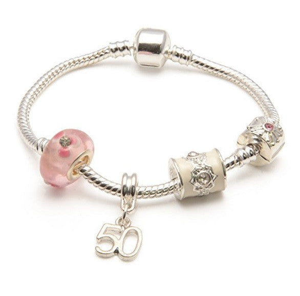 silver and pink bracelet, 50th birthday gifts girl and charm bracelet gifts for 50 year old girl