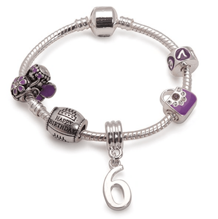 Teenager's 'Purple Crystal Happy 13th Birthday' Silver Plated Charm Bead Bracelet