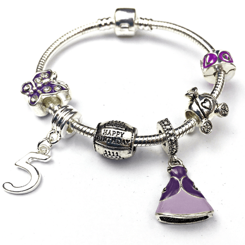 Children's 'Purple Princess 5th Birthday' Silver Plated Charm Bead Bracelet