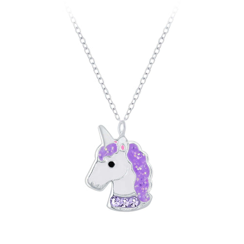 Children's Sterling Silver 'Purple Glitter Unicorn' Pendant Necklace