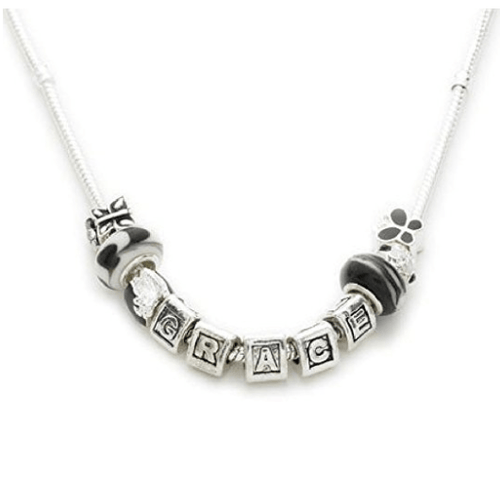 Silver Plated Personalised 'Racy Lady' Name Charm Bead Necklace 46cm/58cm